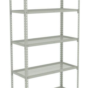 A tall, five-shelf metal storage rack with perforated shelves. The shelf is freestanding and painted in a light gray color, suitable for organizing or storing items in a garage, basement, or workshop.