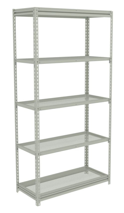 A tall, five-shelf metal storage rack with perforated shelves. The shelf is freestanding and painted in a light gray color, suitable for organizing or storing items in a garage, basement, or workshop.