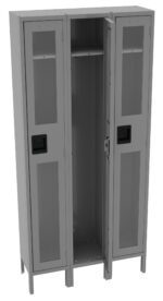 Three gray metal lockers with transparent window portions. The middle locker door is open, revealing empty interior space and a hanging rod. The lockers have black rectangular handles and stand on small legs.