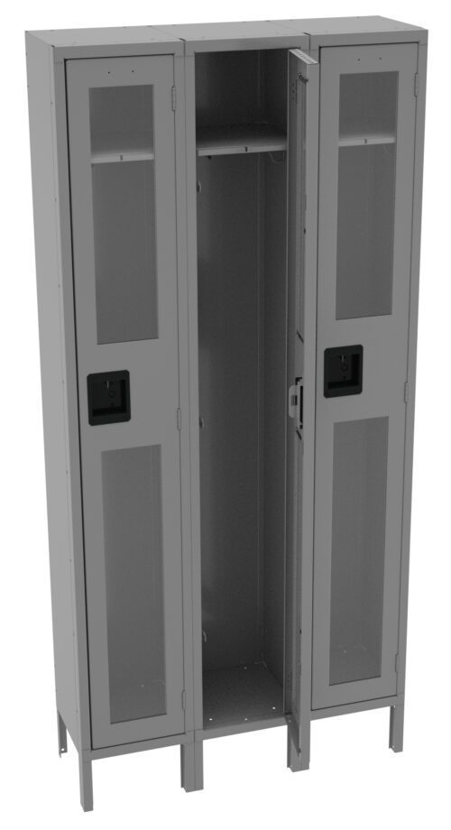 Three gray metal lockers with transparent window portions. The middle locker door is open, revealing empty interior space and a hanging rod. The lockers have black rectangular handles and stand on small legs.