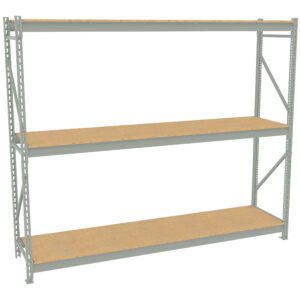 A metal shelving unit with a light gray frame and three wooden shelves. The structure has cross-bracing on the sides for support and is set against a plain white background.