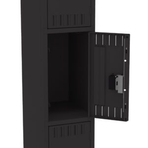 A tall black metal locker with three compartments, each featuring a handle. The middle compartment door is open, revealing an empty interior.