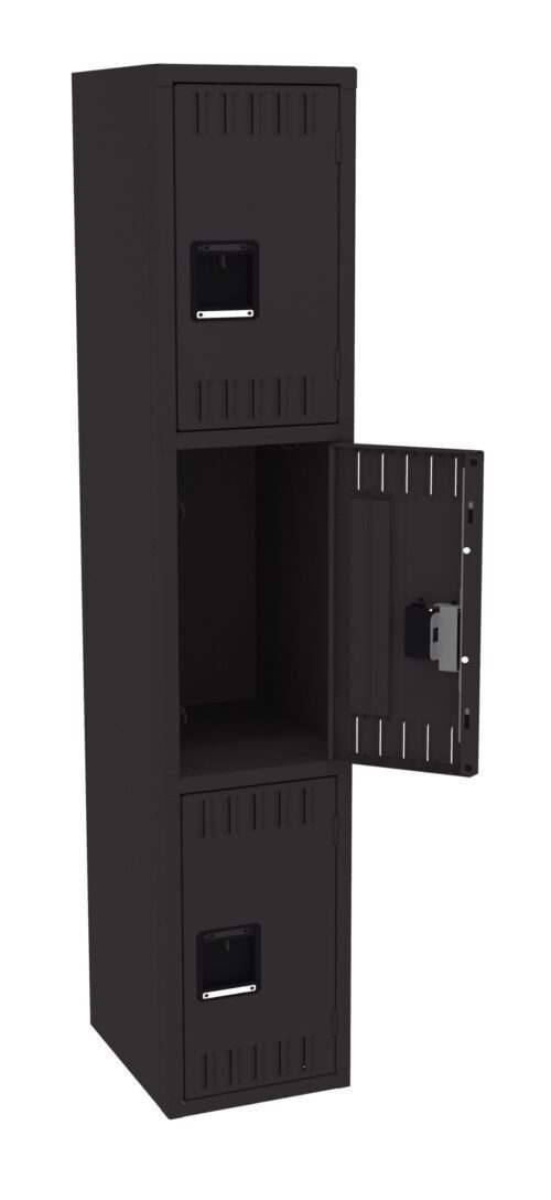 A tall black metal locker with three compartments, each featuring a handle. The middle compartment door is open, revealing an empty interior.