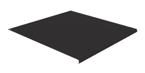 A flat, rectangular black sheet of metal with slightly bent edges, positioned diagonally against a plain white background.