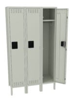 A three-door metal locker, pale gray in color, with one door open revealing an empty interior featuring a hanger rod and two hooks. The other two doors remain closed, each with ventilation slits and black handles.