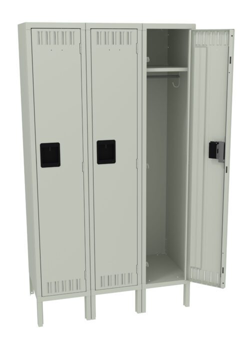 A three-door metal locker, pale gray in color, with one door open revealing an empty interior featuring a hanger rod and two hooks. The other two doors remain closed, each with ventilation slits and black handles.
