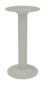 A gray metal pedestal stand with a round base and a circular top platform. The design is sleek and minimalist, with a vertical cylindrical support connecting the base and top.