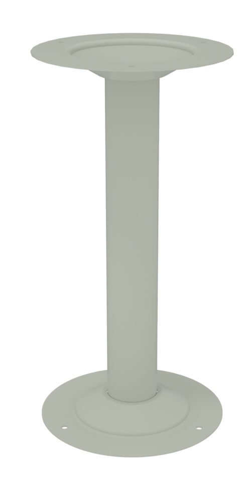 A gray metal pedestal stand with a round base and a circular top platform. The design is sleek and minimalist, with a vertical cylindrical support connecting the base and top.