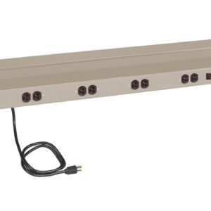 A long, beige metal power strip with multiple round outlets and a power switch. It has a black power cord extending from the left side and is designed with stand-like ends to elevate it above a surface.