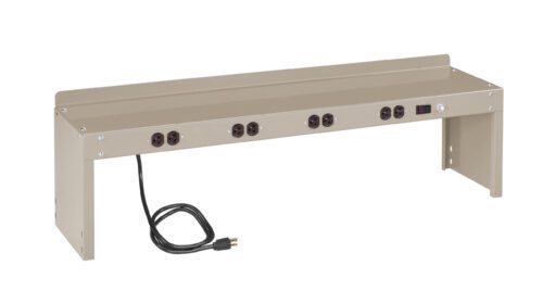 A long, beige metal power strip with multiple round outlets and a power switch. It has a black power cord extending from the left side and is designed with stand-like ends to elevate it above a surface.