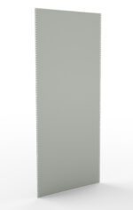A vertically standing gray panel with perforated edges on both sides, set against a plain white background. The panel appears smooth and featureless, with tiny evenly spaced holes creating a pattern along the edges.