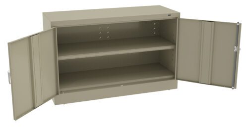 rzttzqurxrzcocwv4tpw.jpg A grey metal storage cabinet with two open doors revealing two shelves. The cabinet is unadorned and has a clean, industrial appearance.