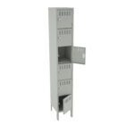 A tall, gray metal locker with seven compartments. Three compartments are open, revealing empty storage space inside. Each compartment has ventilation slots and a secure locking mechanism. The locker stands on four legs.