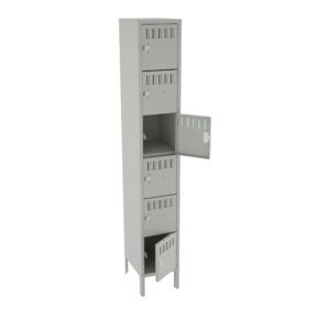 A tall, gray metal locker with seven compartments. Three compartments are open, revealing empty storage space inside. Each compartment has ventilation slots and a secure locking mechanism. The locker stands on four legs.