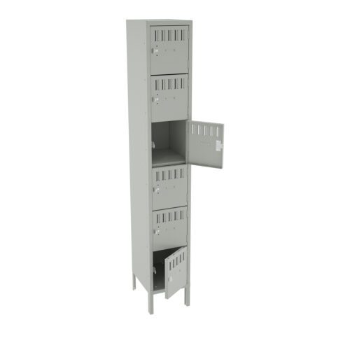 A tall, gray metal locker with seven compartments. Three compartments are open, revealing empty storage space inside. Each compartment has ventilation slots and a secure locking mechanism. The locker stands on four legs.