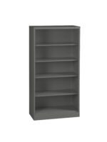 A gray metal bookshelf with five adjustable shelves. The design is simple and industrial, suitable for storing books, files, or other items. The bookshelf is standing upright with empty shelves.