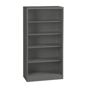 A gray metal bookshelf with five adjustable shelves. The design is simple and industrial, suitable for storing books, files, or other items. The bookshelf is standing upright with empty shelves.