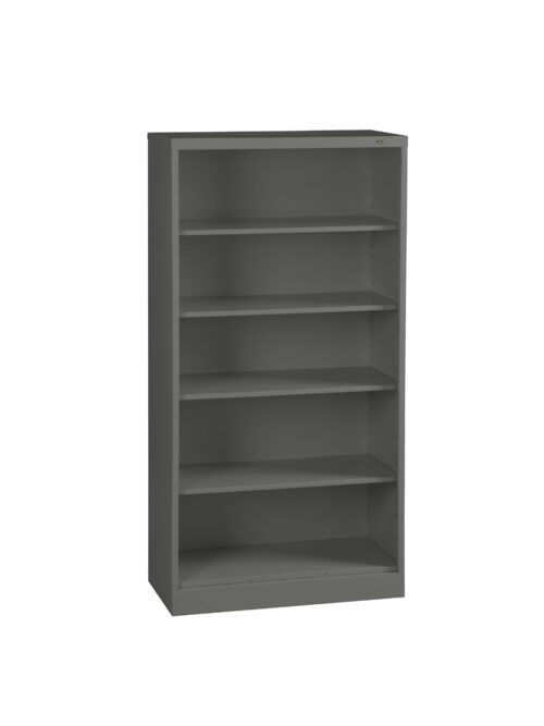 s2m1lmbqbea2dlr7z4kn.jpg A gray metal bookshelf with five adjustable shelves. The design is simple and industrial, suitable for storing books, files, or other items. The bookshelf is standing upright with empty shelves.