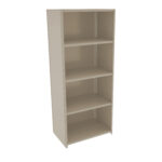A tall, beige metal shelving unit with five evenly spaced shelves. The structure is simple and industrial, suitable for storing various items. The shelves have a perforated design on the sides for adjustability.