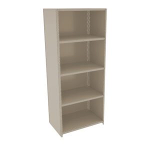 A tall, beige metal shelving unit with five evenly spaced shelves. The structure is simple and industrial, suitable for storing various items. The shelves have a perforated design on the sides for adjustability.