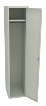 Open gray metal locker with a single door. Inside, there is a hanging rod at the top. The locker stands on a plain, white background.