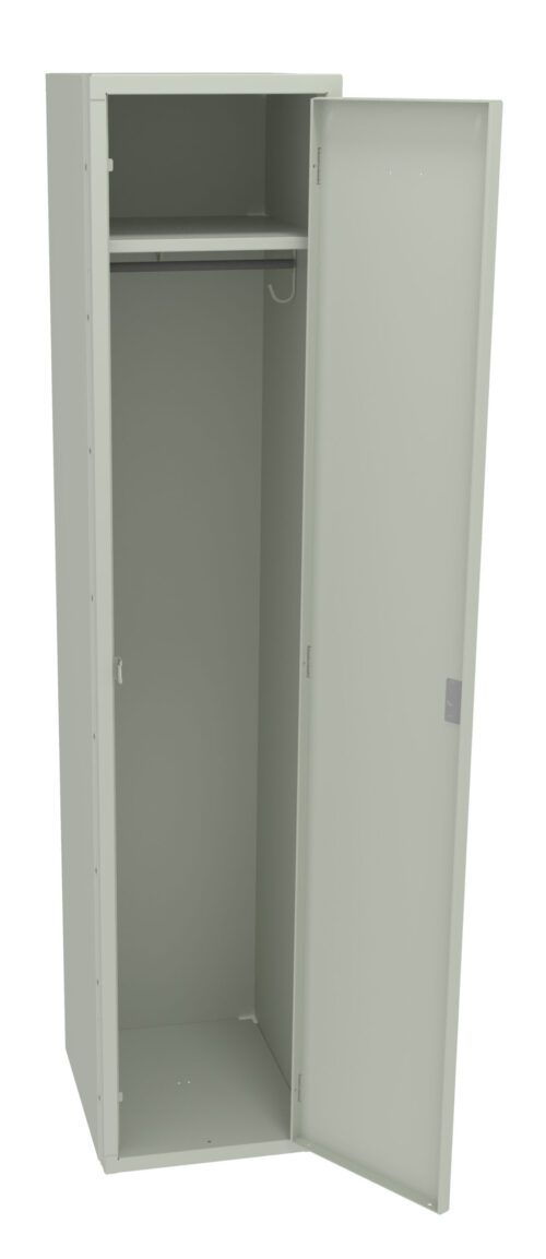 Open gray metal locker with a single door. Inside, there is a hanging rod at the top. The locker stands on a plain, white background.