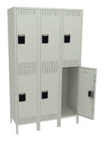 A metal locker unit with six compartments. Each locker has a black handle. The bottom right locker door is open, revealing an empty interior. The lockers are a light gray color and are arranged in two rows of three.