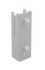 A gray, rectangular plastic component with two protruding hooks on the front and two slotted grooves on the sides, this piece resembles a Penco Clipper Shelving connector. It stands upright, suggesting its role as a reliable bracket for your storage needs.