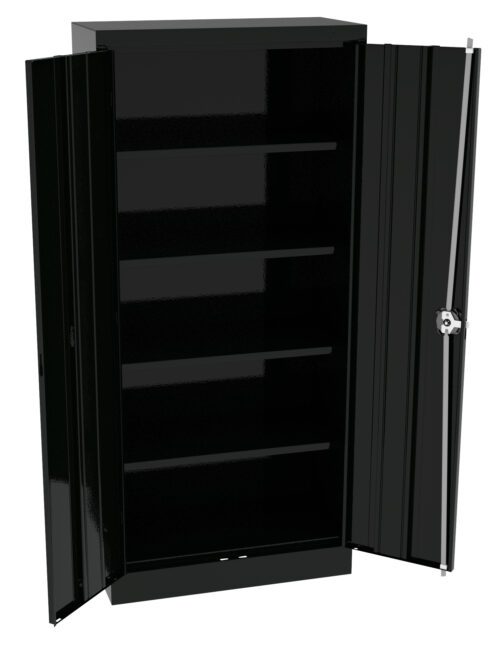 Open black metal storage cabinet with five evenly spaced shelves, each empty. The cabinet features a glossy finish and a secure locking mechanism on its right door. Both doors are shown wide open, revealing the interior space.