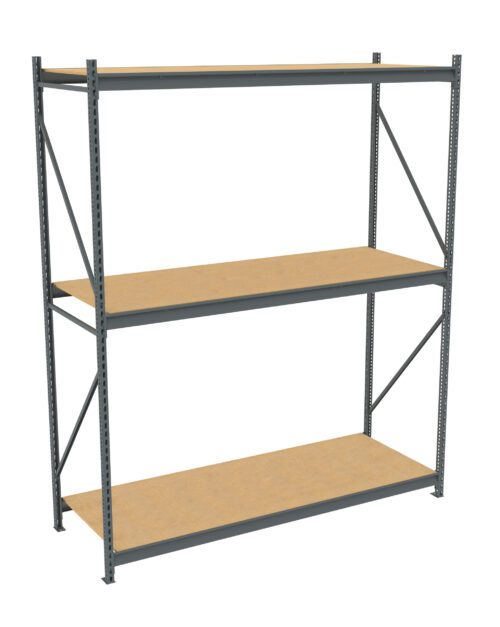 A metal storage rack with three shelves made of wood. The frame is grey and sturdy, and the shelves are evenly spaced. The rack is designed for organizing and storing items in a garage or warehouse setting.