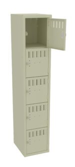 A beige metal locker with a tall, narrow design featuring six doors. The top door is open, revealing an empty compartment. The other five doors are closed and have small air vents and locks.