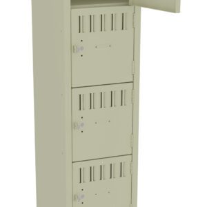 A beige metal locker with a tall, narrow design featuring six doors. The top door is open, revealing an empty compartment. The other five doors are closed and have small air vents and locks.