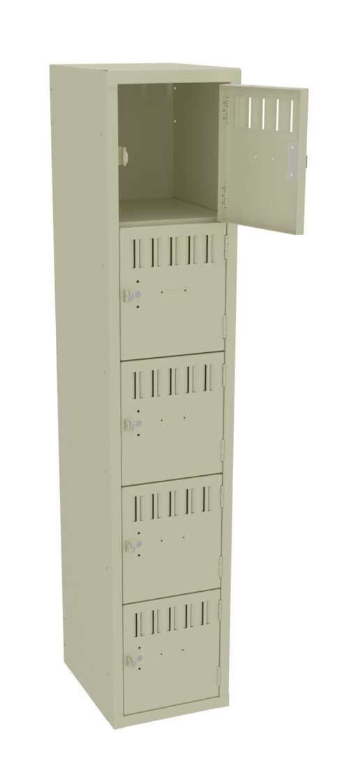 A beige metal locker with a tall, narrow design featuring six doors. The top door is open, revealing an empty compartment. The other five doors are closed and have small air vents and locks.