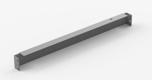 A gray, rectangular metal bar with mounting holes at both ends, laying on a white surface.