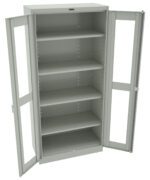 A tall metal cabinet with two fully open glass-panel doors revealing five empty shelves. The cabinet is light gray and stands against a white background.