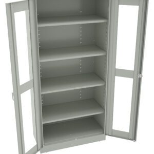 A tall metal cabinet with two fully open glass-panel doors revealing five empty shelves. The cabinet is light gray and stands against a white background.