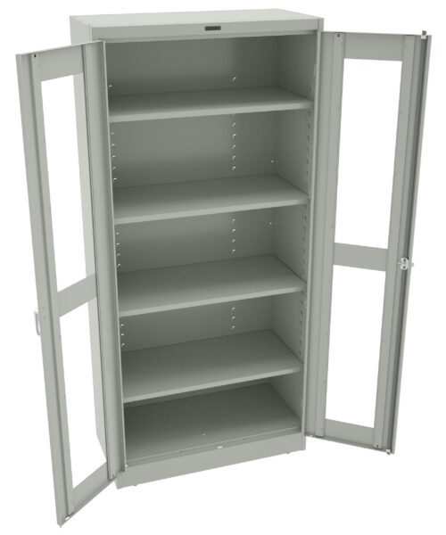s4g7sjkjrbba3wkq6lwc.jpg A tall metal cabinet with two fully open glass-panel doors revealing five empty shelves. The cabinet is light gray and stands against a white background.
