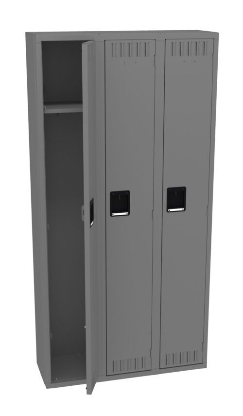 A gray metal locker unit with three tall sections; the left section has its door open, showing an empty interior and a top shelf, while the middle and right sections remain closed.