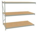 A metal shelving unit with three wide wooden shelves. The frame is light gray and the shelves are evenly spaced, suitable for storage or organizing items. The design is simple and utilitarian.