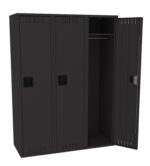 Black metal locker with three compartments. The left two doors are closed, and the right door is open, revealing a hanging rod inside. The locker has vent slots on each door and recessed handles. The interior is empty.