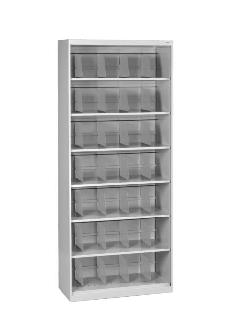 Gray metal shelving unit with seven adjustable shelves, each containing several vertical dividers creating narrow compartments. The unit is empty and stands against a white background.