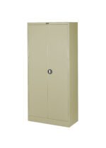 A tall, beige metal storage cabinet with two solid doors and a central black circular lock. The cabinet stands upright against a plain white background.