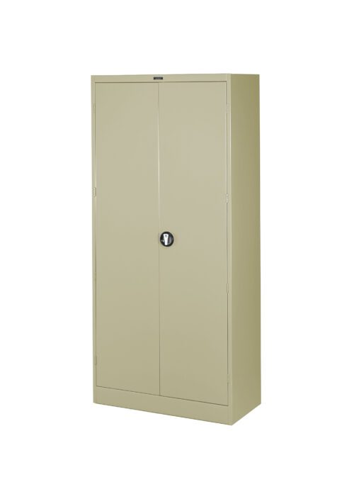 A tall, beige metal storage cabinet with two solid doors and a central black circular lock. The cabinet stands upright against a plain white background.