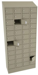 A tall beige locker unit with multiple compartments, some of which have their doors open. The lockers are square-shaped and have silver locks and label holders on each door. The unit is slightly angled to the left.