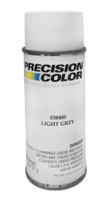 A can of Precision Color spray paint in light grey. The label includes warnings about being extremely flammable and causing eye irritation. Net weight is 6 oz/127 g.