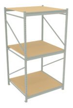 A three-tier metal shelving unit with beige wooden shelves. The structure includes vertical support beams and horizontal bracing, offering a sturdy framework for storage. The shelves are evenly spaced, designed for organizing various items.