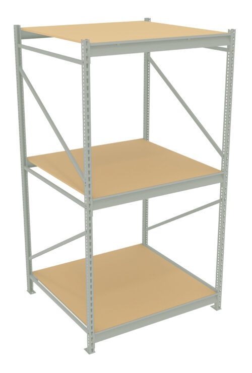 A three-tier metal shelving unit with beige wooden shelves. The structure includes vertical support beams and horizontal bracing, offering a sturdy framework for storage. The shelves are evenly spaced, designed for organizing various items.