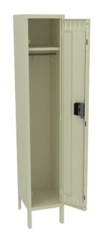 A beige metal locker with an open door, revealing an empty interior with a single hanging rod and a shelf at the top. The locker stands on four short legs and features a black lock on the door.