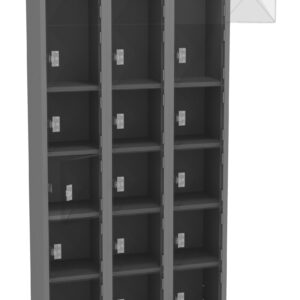 A gray metal locker unit with three columns and four rows of compartments. The top right compartment door is open, revealing its empty interior. Each compartment has a latch on its door.