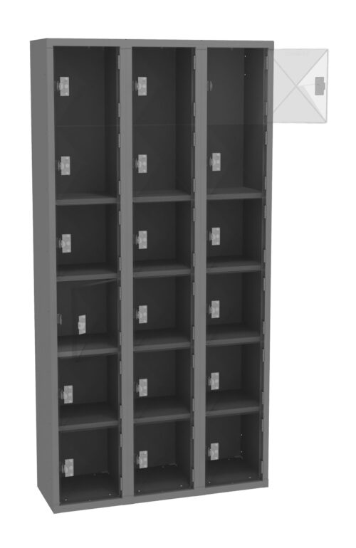 A gray metal locker unit with three columns and four rows of compartments. The top right compartment door is open, revealing its empty interior. Each compartment has a latch on its door.